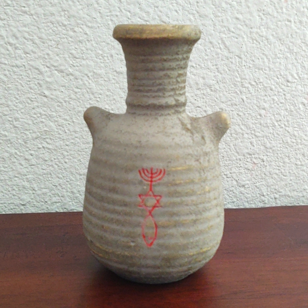 Vintage Clay Pottery Pot Religious Jewish Christian Insignia Symbols